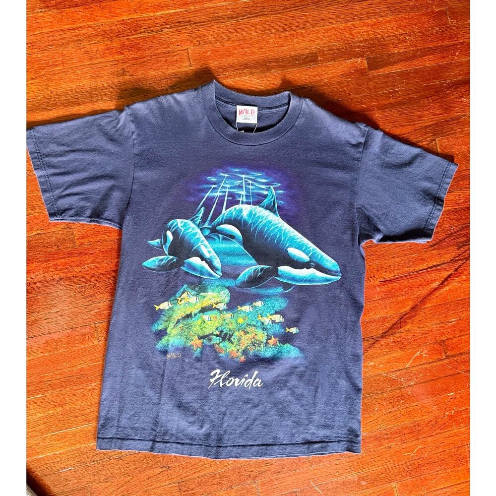 Vintage 90’s Florida Blue Double Side Graphic Whale Single Stitch T Shirt Large